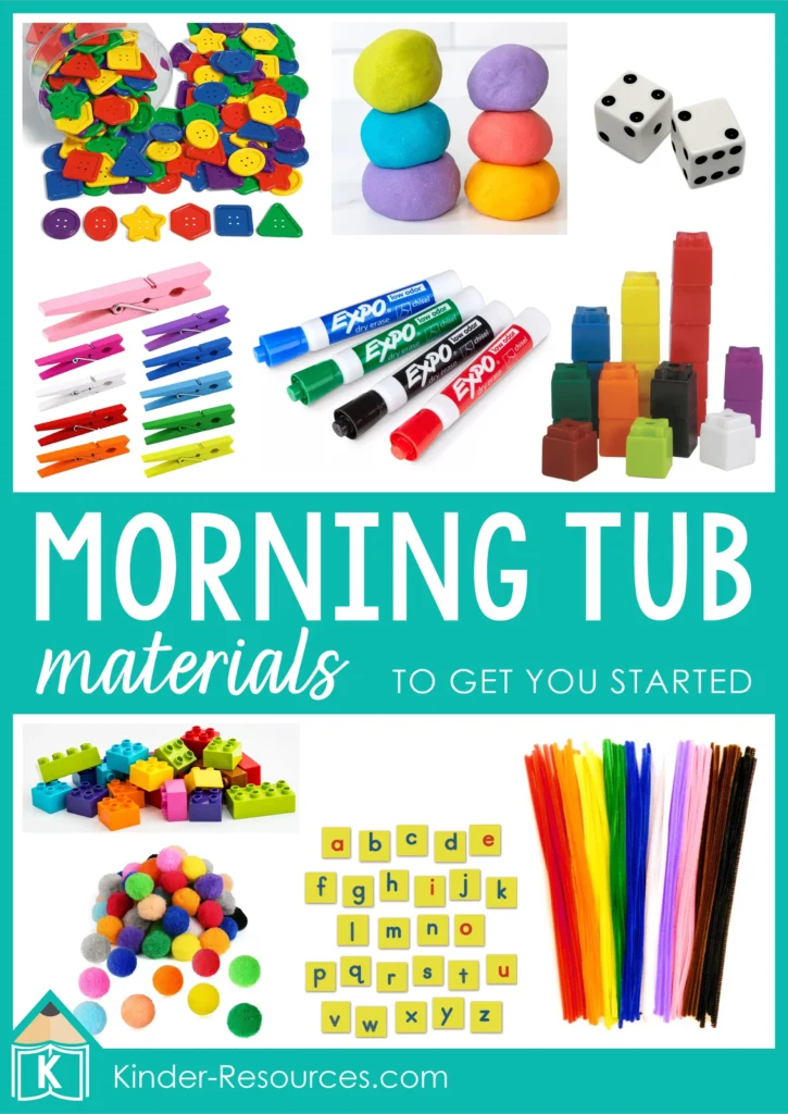 Morning tub materials for kindergarten including pom-poms, buttons, dice, magnetic letters, pipe cleaners, clothespins, linking cubes, dry-erase markers, and play dough
