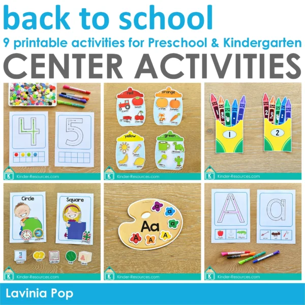 Back to School Preschool Centers | 9 Printable Activities | Alphabet: Uppercase and Lowercase Letters | Colors | Shapes | Numbers & Number Sense | Counting | Fine Motor | Sorting