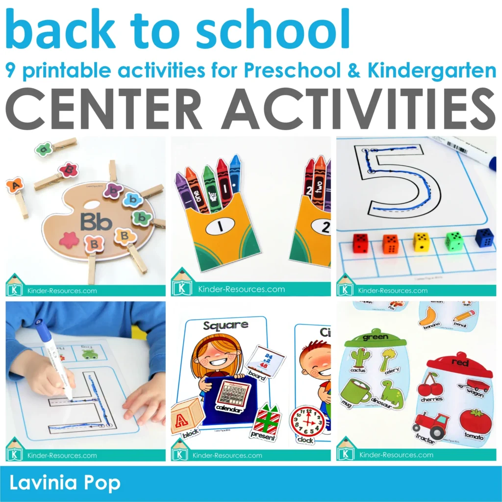 Back to School Preschool Centers | 9 Printable Activities | Alphabet: Uppercase and Lowercase Letters | Colors | Shapes | Numbers & Number Sense | Counting | Fine Motor | Sorting