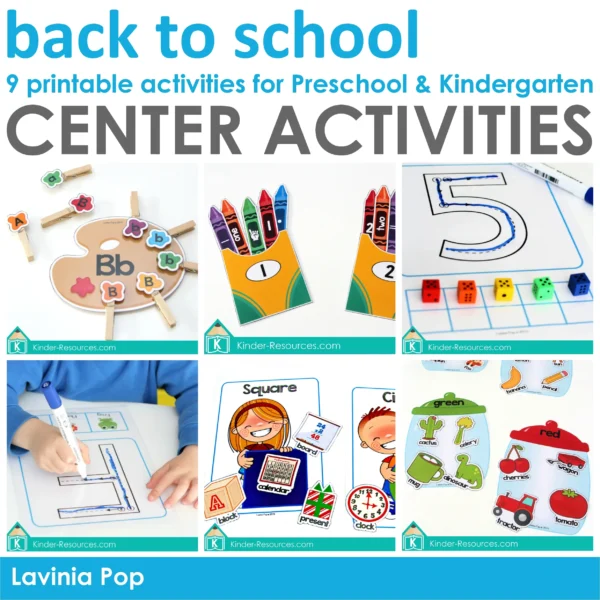 Back to School Preschool Centers | 9 Printable Activities | Alphabet: Uppercase and Lowercase Letters | Colors | Shapes | Numbers & Number Sense | Counting | Fine Motor | Sorting