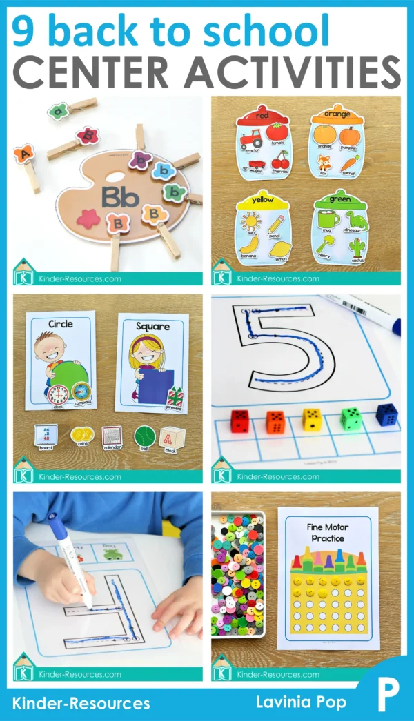 Back to School Preschool Centers | 9 Printable Activities | Alphabet: Uppercase and Lowercase Letters | Colors | Shapes | Numbers & Number Sense | Counting | Fine Motor | Sorting