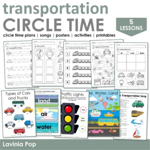 Preschool Transportation Circle Time packet. Includes 5 lesson plans with songs, posters, cut and paste worksheets, sorting activities, and hands-on experiments.