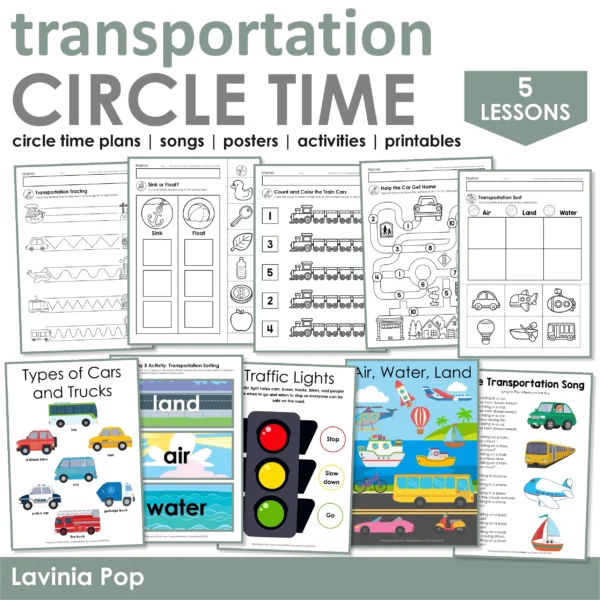 Preschool Transportation Circle Time packet. Includes 5 lesson plans with songs, posters, cut and paste worksheets, sorting activities, and hands-on experiments.