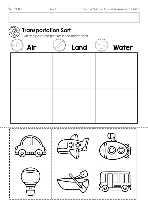 Preschool cut and paste worksheet where children sort pictures of vehicles, including a car, plane, submarine, hot air balloon, rowboat, and bus, into air, land, and water categories.