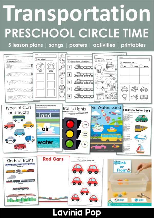 Preschool Transportation Circle Time packet. Includes 5 lesson plans with songs, posters, cut and paste worksheets, sorting activities, and hands-on experiments.