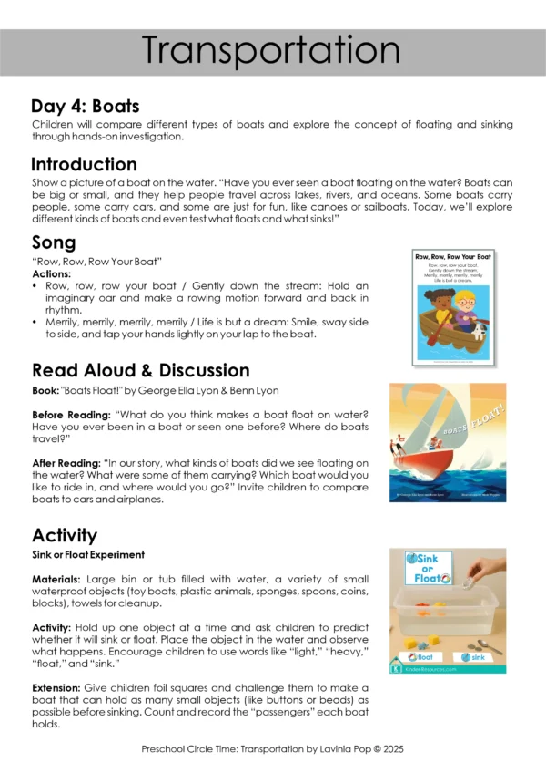 Detailed preschool circle time lesson plan for boats, including introduction, song lyrics, read-aloud discussion, and a sink or float science activity.
