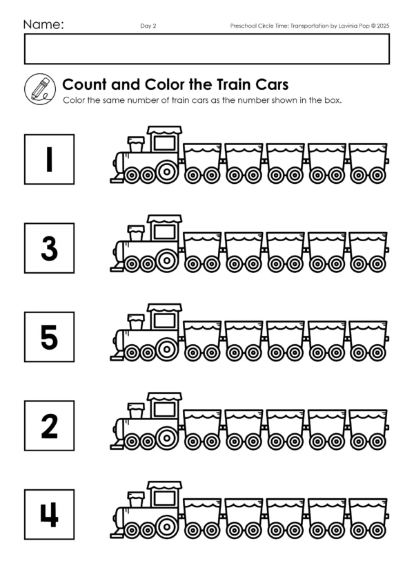 Preschool worksheet where children count the number of train cars and color the same number to match the number shown in the box.