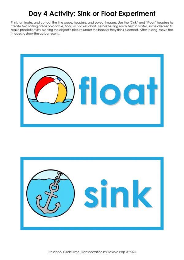 rintable preschool activity for a sink or float science experiment with headers and object cards for sorting predictions and results.