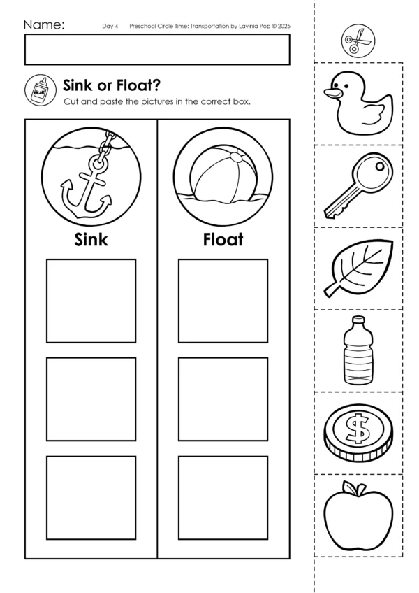 Preschool cut and paste worksheet where children sort objects like a duck, key, bottle, coin, and apple into sink or float categories.