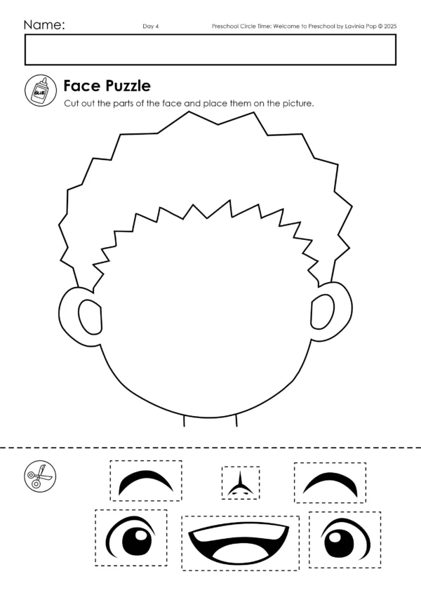Welcome to Preschol Circle Time Plan | A full week of structured preschool activities, songs, and lessons to help preschoolers settle into the preschool classroom | Face Puzzle Cut and Paste Printable Worksheet