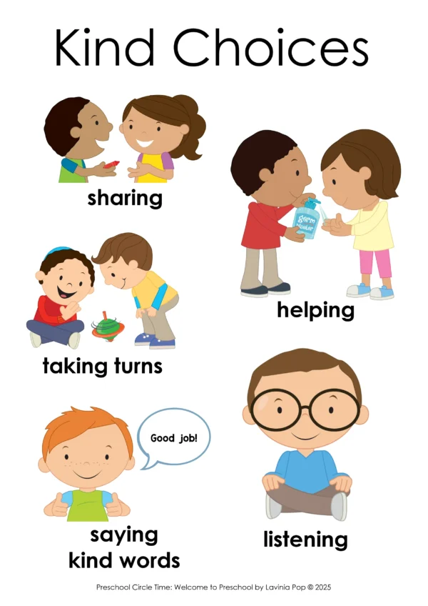 Welcome to Preschol Circle Time Plan | A full week of structured preschool activities, songs, and lessons to help preschoolers settle into the preschool classroom | Kind Choices Poster