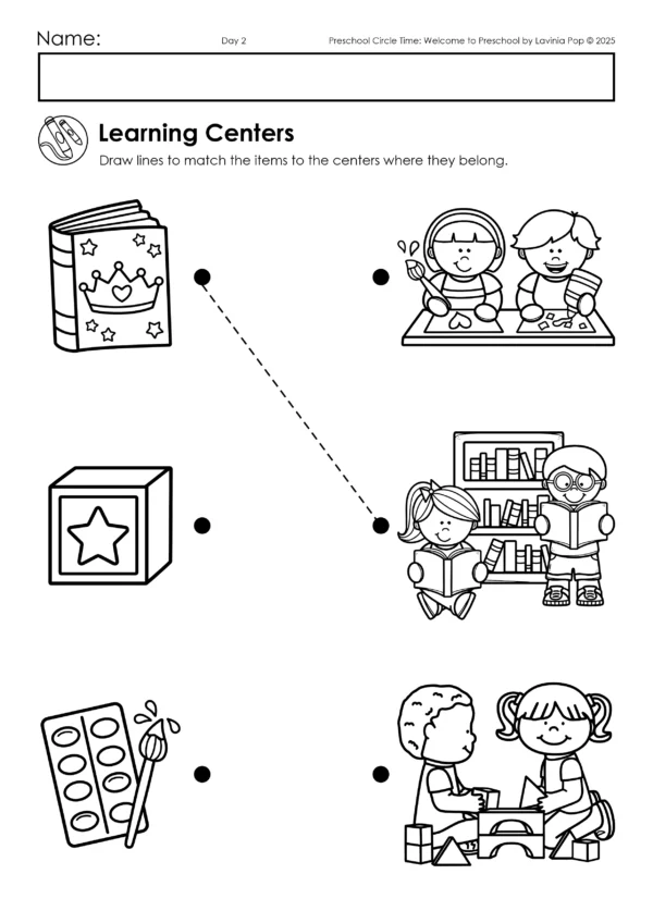 Welcome to Preschol Circle Time Plan | A full week of structured preschool activities, songs, and lessons to help preschoolers settle into the preschool classroom | Learnign Centers Matching Worksheet