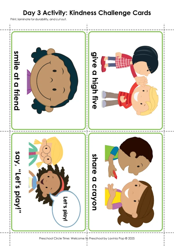 Welcome to Preschol Circle Time Plan | A full week of structured preschool activities, songs, and lessons to help preschoolers settle into the preschool classroom | Kindness Challenge Cards
