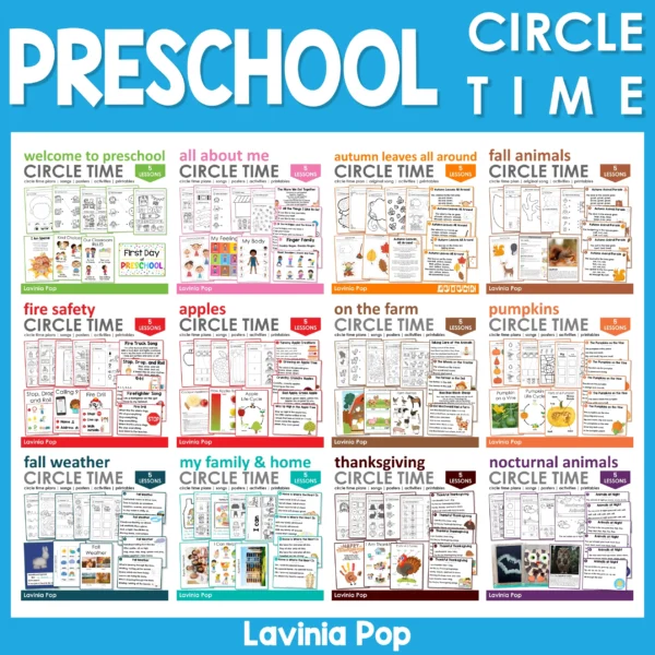 Preschool Circle Time Bundle featuring 12 themed lesson sets: Welcome to Preschool, All About Me, Autumn Leaves, Fall Animals, Fire Safety, Apples, On the Farm, Pumpkins, Fall Weather, My Family and Home, Thanksgiving, and Nocturnal Animals. Each includes 5 daily circle time lessons with songs, activities, posters, and printables.