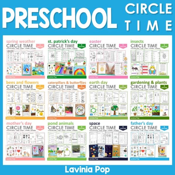 Preschool Circle Time Bundle featuring 12 themed lesson sets: Spring Weather, St. Patrick’s Day, Easter, Insects, Bees and Flowers, Caterpillars and Butterflies, Earth Day, Gardening and Plants, Mother’s Day, Pond Animals, Space, and Father’s Day. Each includes 5 daily circle time lessons with songs, activities, posters, and printables.