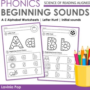 Alphabet Worksheets Letter Hunt and Sounds cover page showing A to Z phonics activities for preschool and kindergarten. Includes Science of Reading aligned letter hunt and beginning sound practice.