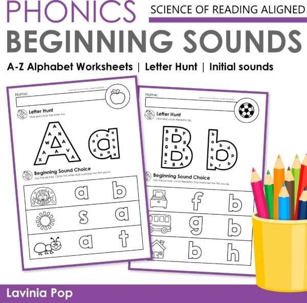 Alphabet Worksheets Letter Hunt and Sounds cover page showing A to Z phonics activities for preschool and kindergarten. Includes Science of Reading aligned letter hunt and beginning sound practice.