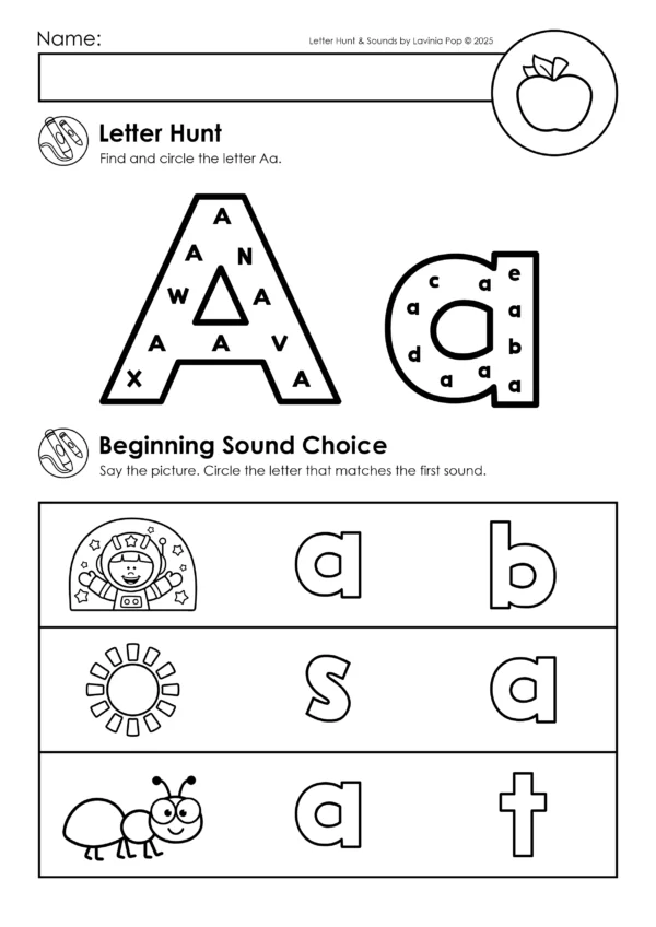 Alphabet Worksheets Letter Hunt and Sounds for letter A. Students find uppercase and lowercase A in a letter hunt and circle the correct letter for beginning sound pictures like astronaut, sun, and ant.