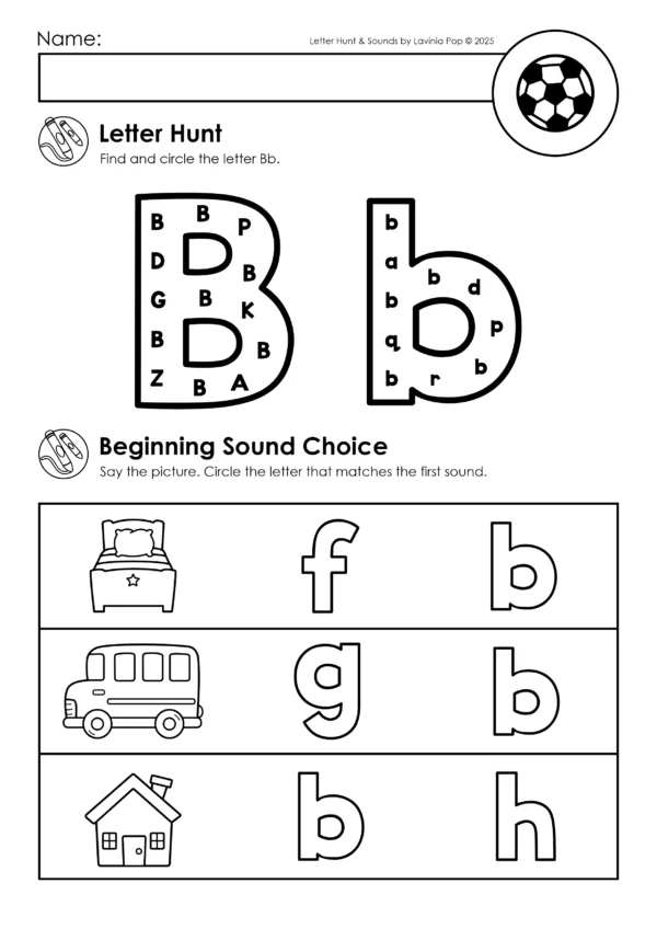Alphabet Worksheets Letter Hunt and Sounds for letter B. Kids search for uppercase and lowercase B in a grid and choose the correct beginning sound for pictures including bed, bus, and house.