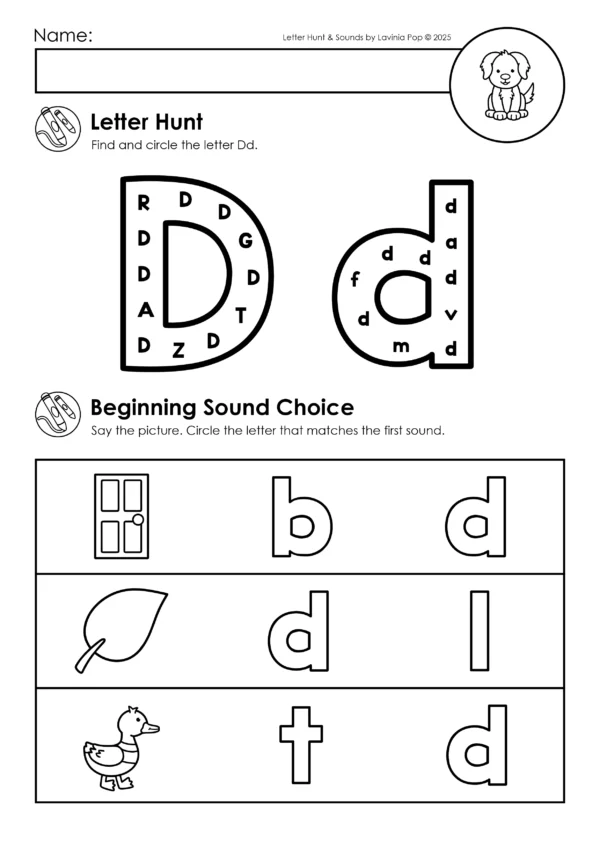 Alphabet Worksheets Letter Hunt and Sounds for letter D. Children complete a letter hunt with uppercase and lowercase D and identify beginning sounds in pictures of door, leaf, and duck.