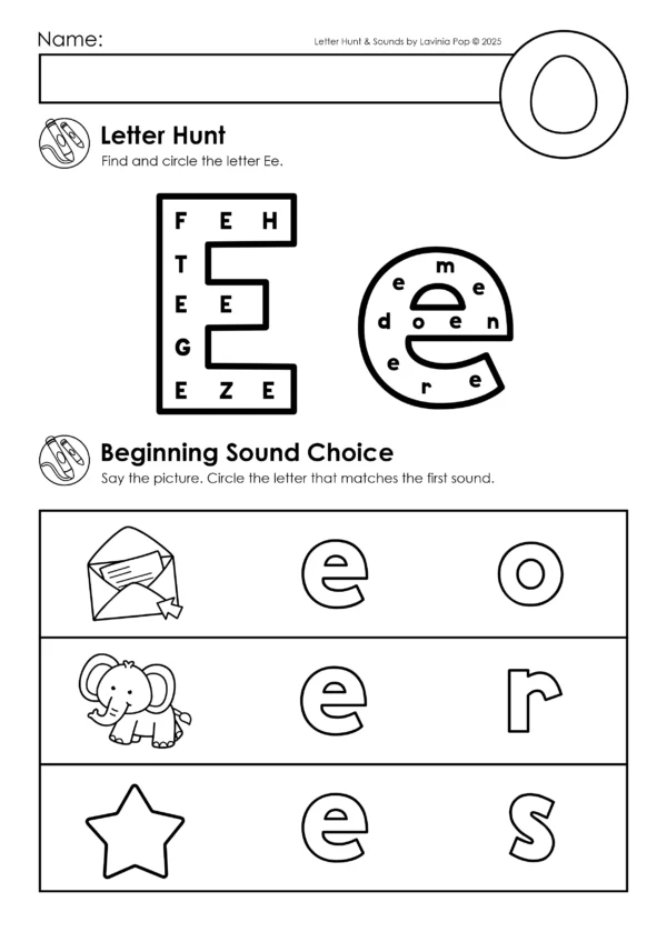 Letter E phonics worksheet for preschool and kindergarten. Students find and circle uppercase and lowercase E, then choose the correct letter for envelope, elephant, and star pictures.