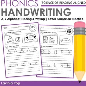 Alphabet handwriting worksheets for kindergarten with A–Z tracing, finger tracing, letter formation, and handwriting lines aligned with the Science of Reading.