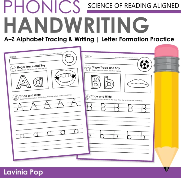 Alphabet handwriting worksheets for kindergarten with A–Z tracing, finger tracing, letter formation, and handwriting lines aligned with the Science of Reading.