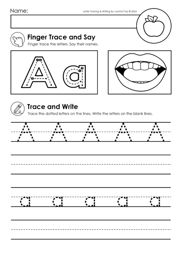 Alphabet handwriting worksheet for letter A with finger tracing, mouth formation cue, uppercase and lowercase tracing, and handwriting lines for independent writing.