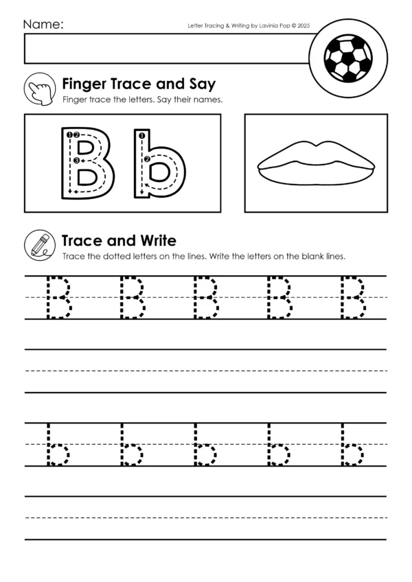 Alphabet handwriting worksheet for letter B showing finger tracing, sound cue with lips, uppercase and lowercase tracing, and handwriting line practice.