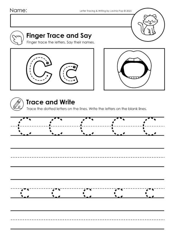 Alphabet handwriting worksheet for letter C with tracing directions, mouth formation picture, uppercase and lowercase tracing, and handwriting line practice.