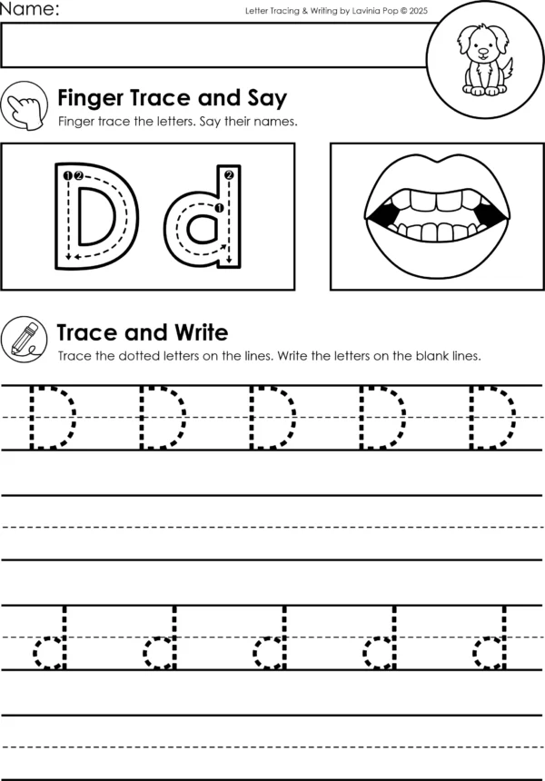 Alphabet handwriting worksheet for letter D featuring finger tracing, mouth position for /d/, uppercase and lowercase tracing, and writing practice on handwriting lines.