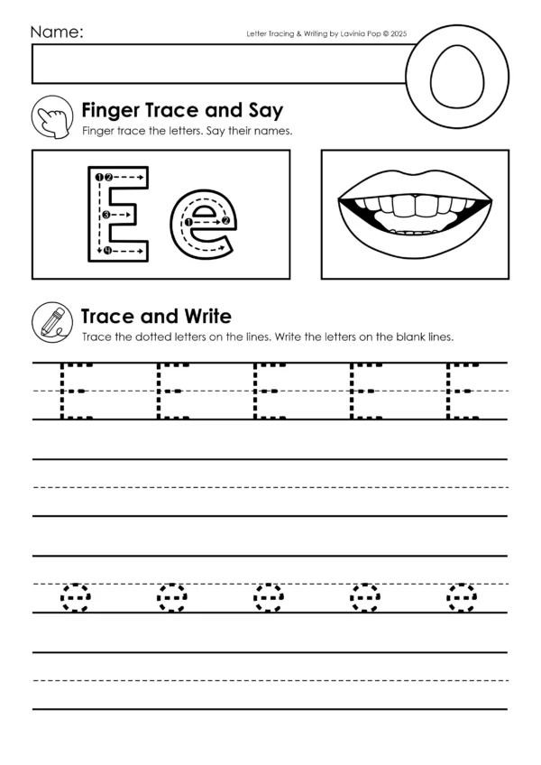 Alphabet handwriting worksheet for letter E with phonics mouth formation visual, finger tracing, uppercase and lowercase tracing, and handwriting line practice.