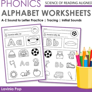 Printable Science of Reading aligned alphabet worksheets set with A–Z sound to letter practice, tracing letters, and initial sounds for Kindergarten.