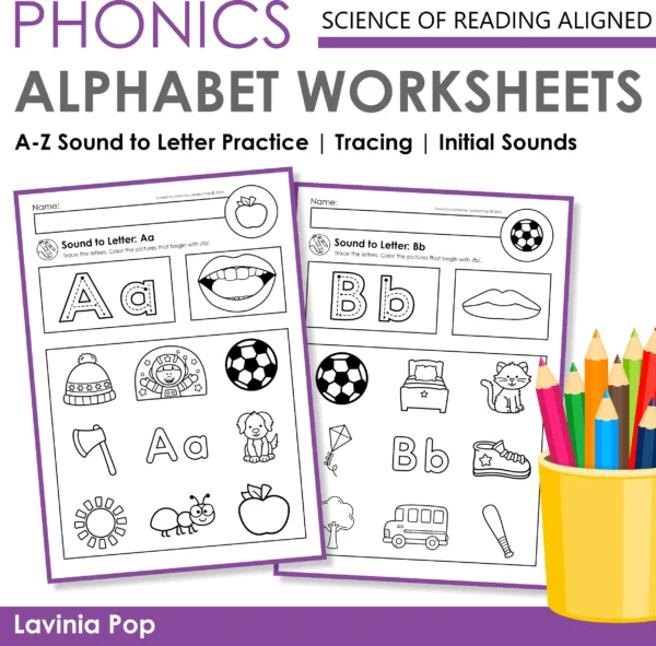 Printable Science of Reading aligned alphabet worksheets set with A–Z sound to letter practice, tracing letters, and initial sounds for Kindergarten.