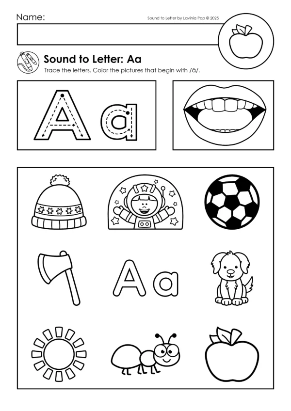 Letter A worksheet for Kindergarten with tracing Aa, mouth formation cue, and picture grid to color images beginning with short a sound such as apple, axe, and ant.