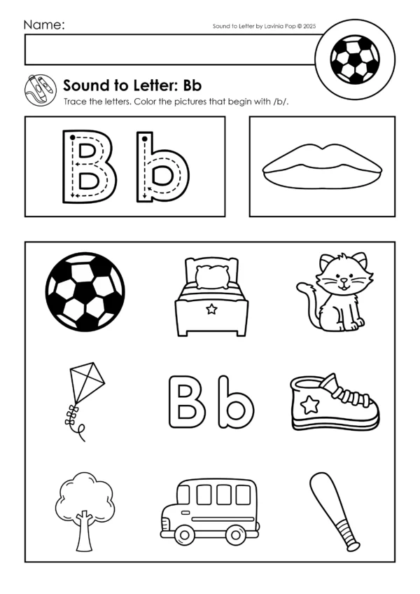 Letter B worksheet for Kindergarten with tracing Bb, mouth formation cue, and picture grid to color images beginning with the /b/ sound such as ball, bed, bus, and bat.