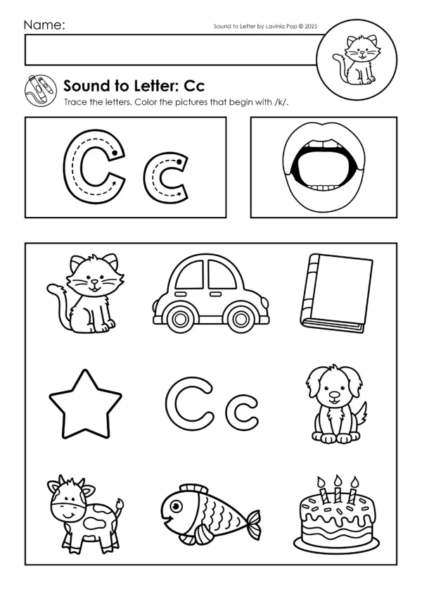 Letter C worksheet for Kindergarten with tracing Cc, mouth formation cue, and picture grid to color images beginning with the hard c /k/ sound such as cat, car, cow, and cake.