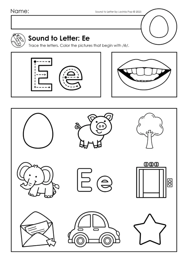 Letter E worksheet for Kindergarten with tracing Ee, mouth formation cue, and picture grid to color images beginning with the short e /ĕ/ sound such as egg, elephant, envelope, and elevator.