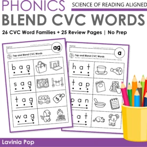 Cover for Phonics Tap and Blend CVC Words worksheets showing ag and at word families with tap and blend dots, arrows, and matching pictures for decoding practice.