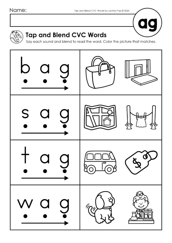 Blend and read CVC words worksheet from the -ag word family, Science of Reading aligned with phonics and blending support.