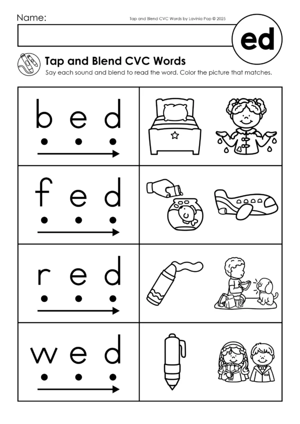 Science of Reading CVC word family worksheet with dots under each sound to help children blend and read short e words.