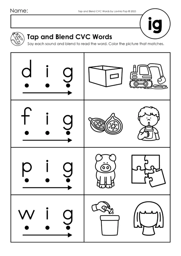 Tap and Blend CVC words worksheet for the -ig word family, featuring phonics practice with picture support for decoding.
