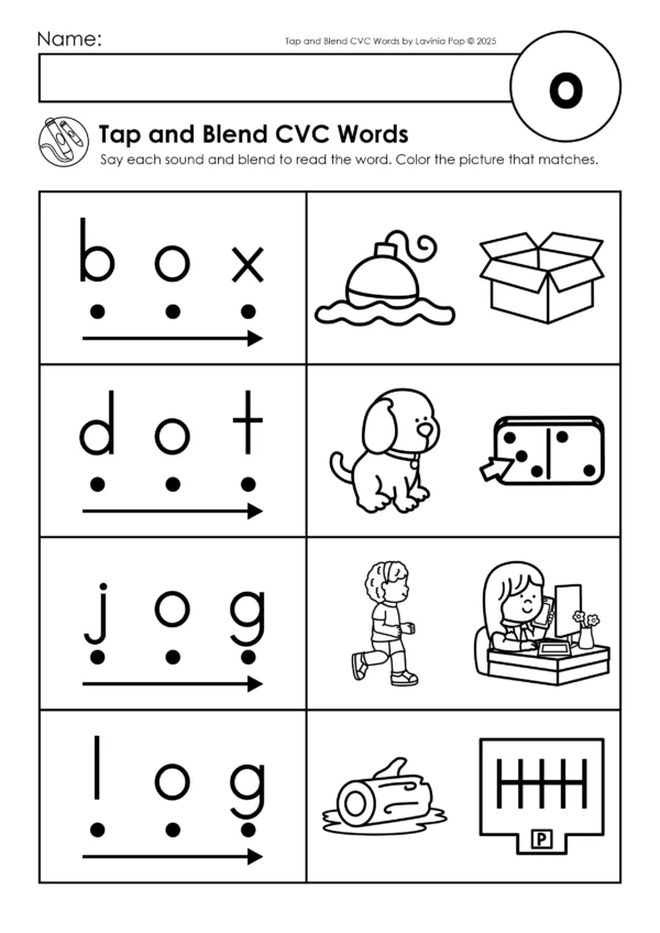 Phonics Tap and Blend CVC Words review page for short o words with tap and blend dots, arrows, and picture choices for words like box, dot, jog, and log.