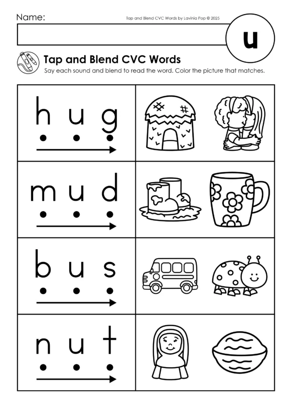 Phonics Tap and Blend CVC Words review page for short u words with tap and blend dots, arrows, and matching picture cues for decoding practice.