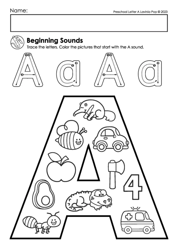 Letter A beginning sounds worksheet with uppercase and lowercase A tracing and a large letter filled with images like apple, ant, alligator, avocado, axe, and ambulance alongside distractors such as bee, car, and number four.