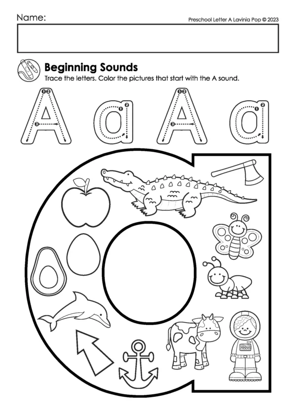 Letter A beginning sounds worksheet with uppercase and lowercase A tracing and a large letter filled with images like apple, alligator, axe, astronaut, and ant.