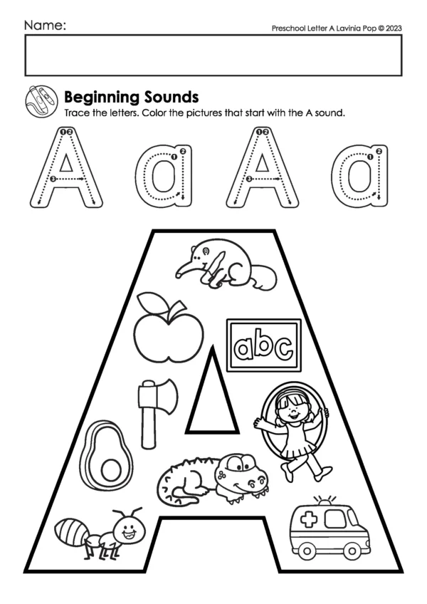 Letter A beginning sounds worksheet with uppercase and lowercase A tracing and a large letter filled with images like apple, ant, alligator, avocado, axe, astronaut, and ambulance.