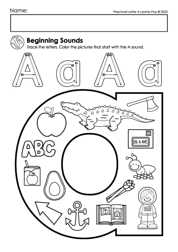 Letter A beginning sounds worksheet with uppercase and lowercase A tracing and a large letter filled with images like apple, alligator, axe, astronaut, and ant.