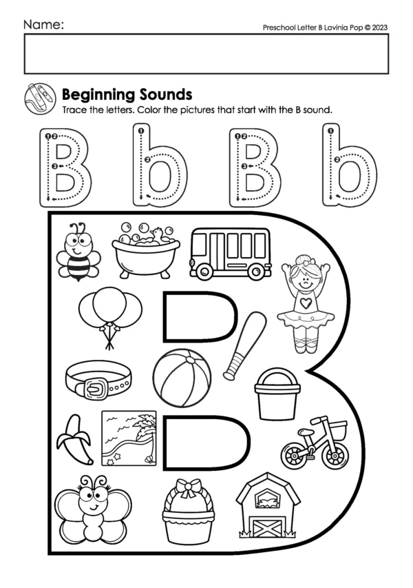 Letter B beginning sounds worksheet with uppercase and lowercase B tracing and a large letter filled with images like bus, ballerina, ball, banana, and barn.