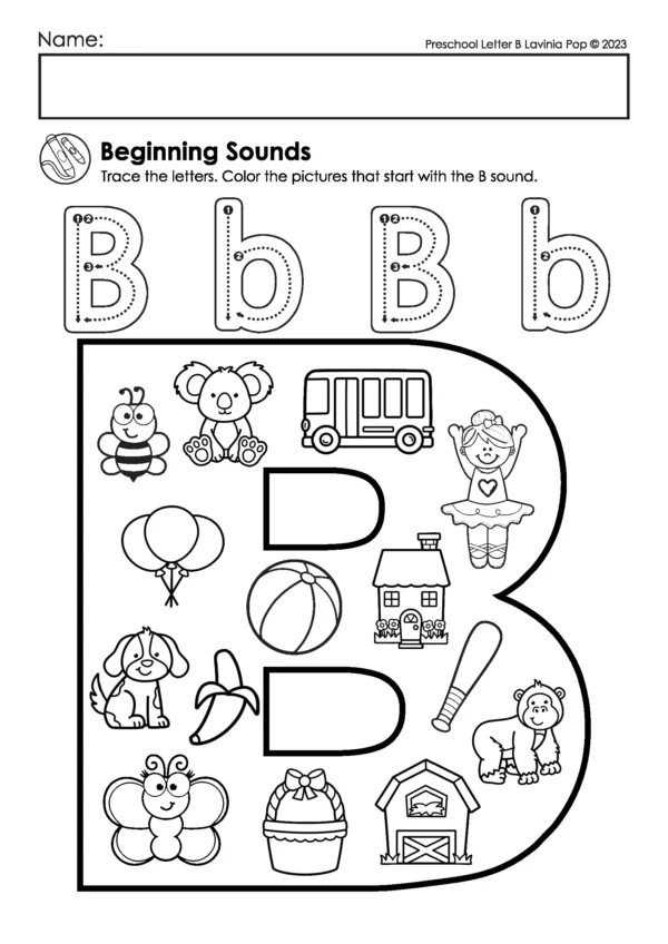 Letter B beginning sounds worksheet with uppercase and lowercase B tracing and a large letter filled with images like bus, ballerina, butterfly, banana, and dog.